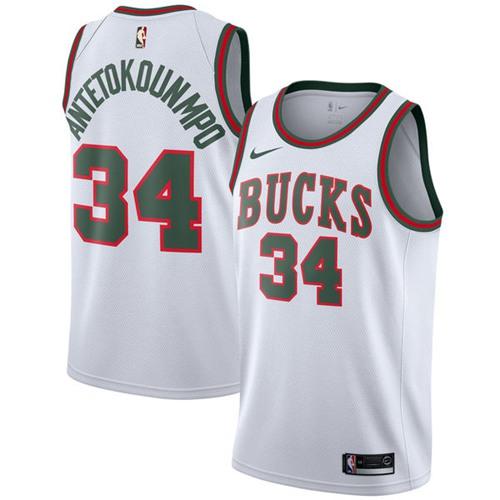 Men Nike Milwaukee Bucks #34 Giannis Antetokounmpo White Throwback NBA Swingman Hardwood Classics Jersey->miami heat->NBA Jersey